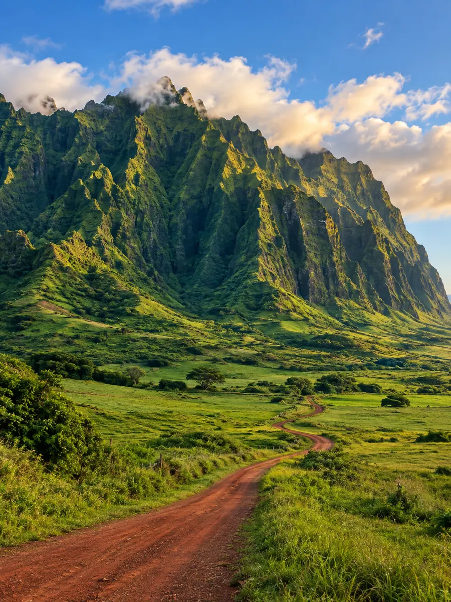 Steile, grüne, gerippte Grate über einem grasbewachsenen Tal und eine rote Erdstraße an der Luvseite von Oahu