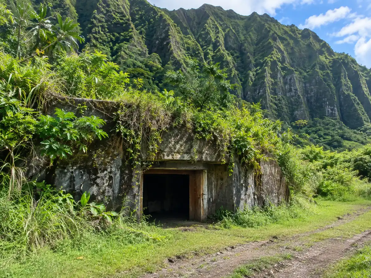 Ein überwucherter Betoneingang eines Bunkers unter steilen grünen Klippen