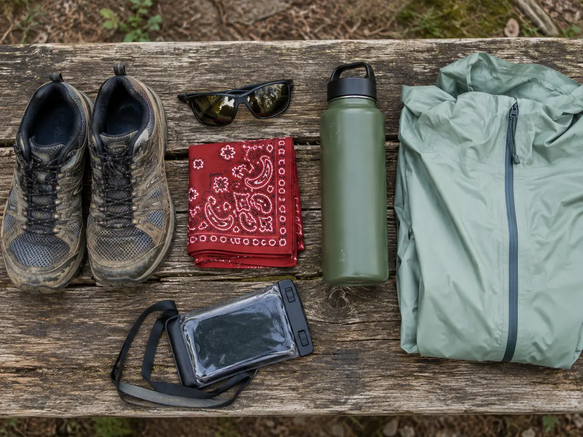 Wanderschuhe, Sonnenbrille, Bandana, Wasserflasche und Regenjacke auf einer Bank